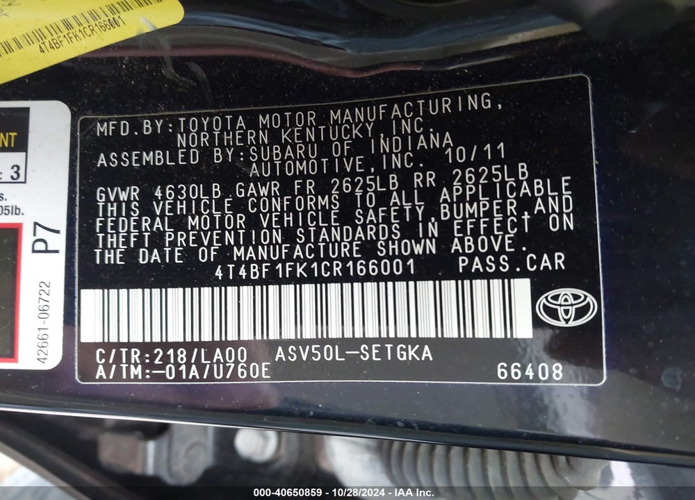 2012 TOYOTA CAMRY XLE VIN: 4T4BF1FK1CR166001
