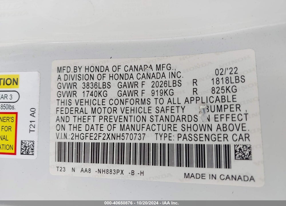 2022 HONDA CIVIC LX VIN: 2HGFE2F2XNH570737