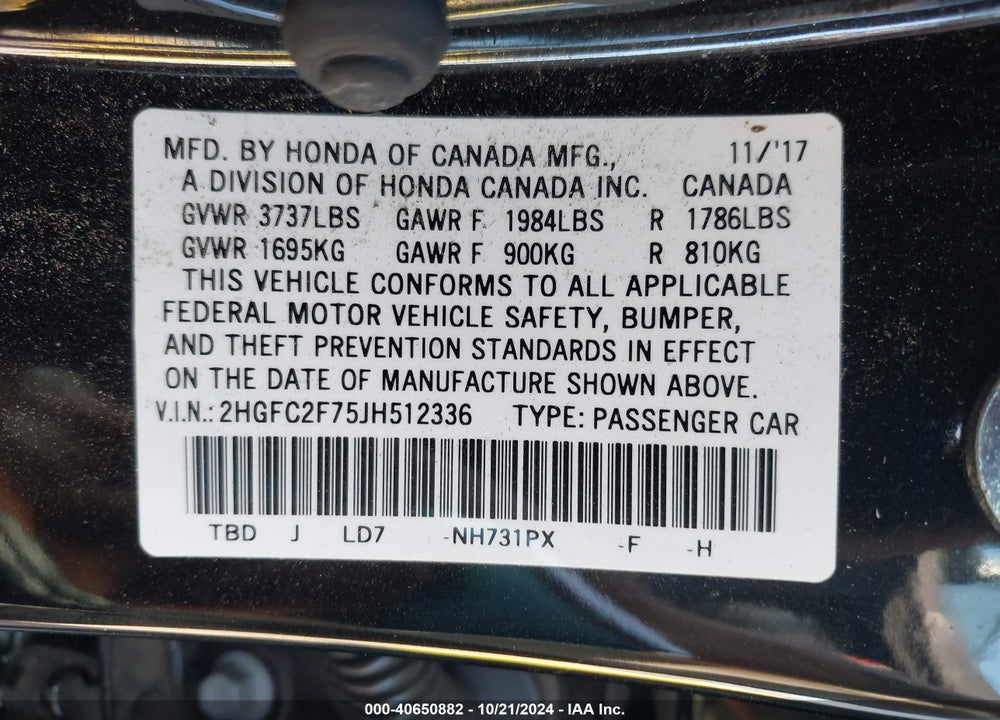 2018 HONDA CIVIC EX VIN: 2HGFC2F75JH512336