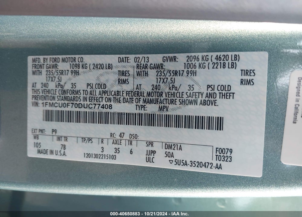 2013 FORD ESCAPE S VIN: 1FMCU0F70DUC77408