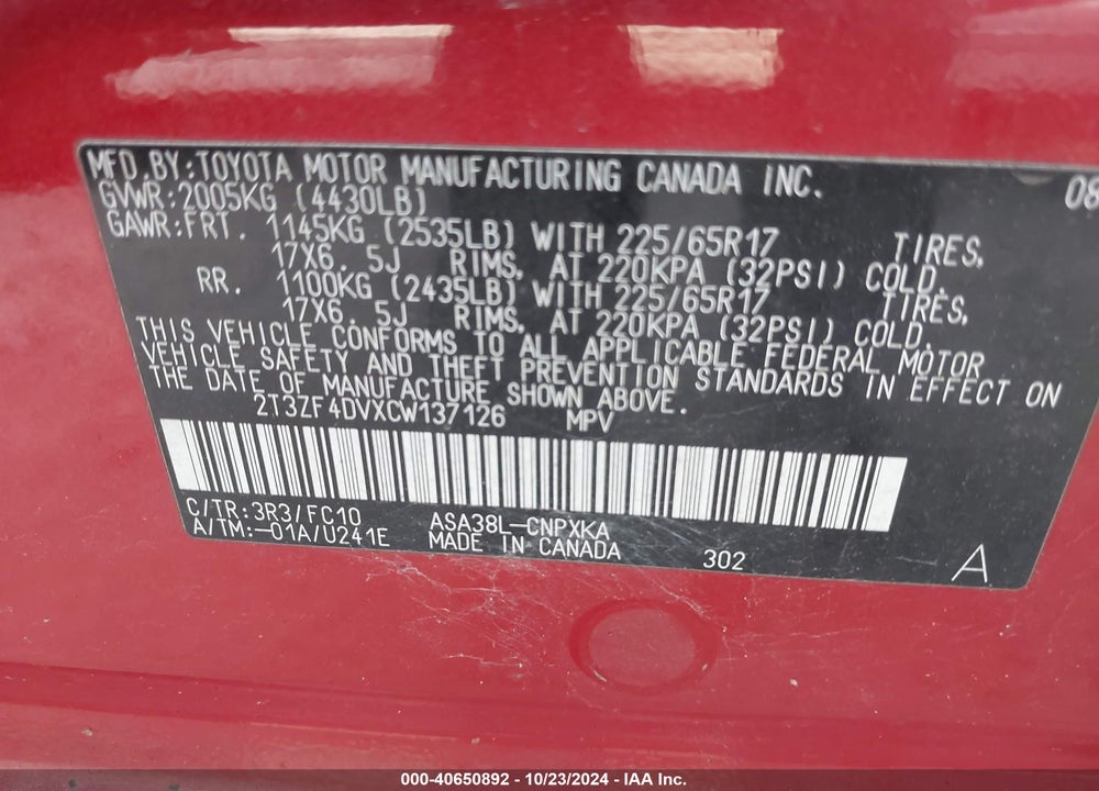 2012 TOYOTA RAV4 VIN: 2T3ZF4DVXCW137126