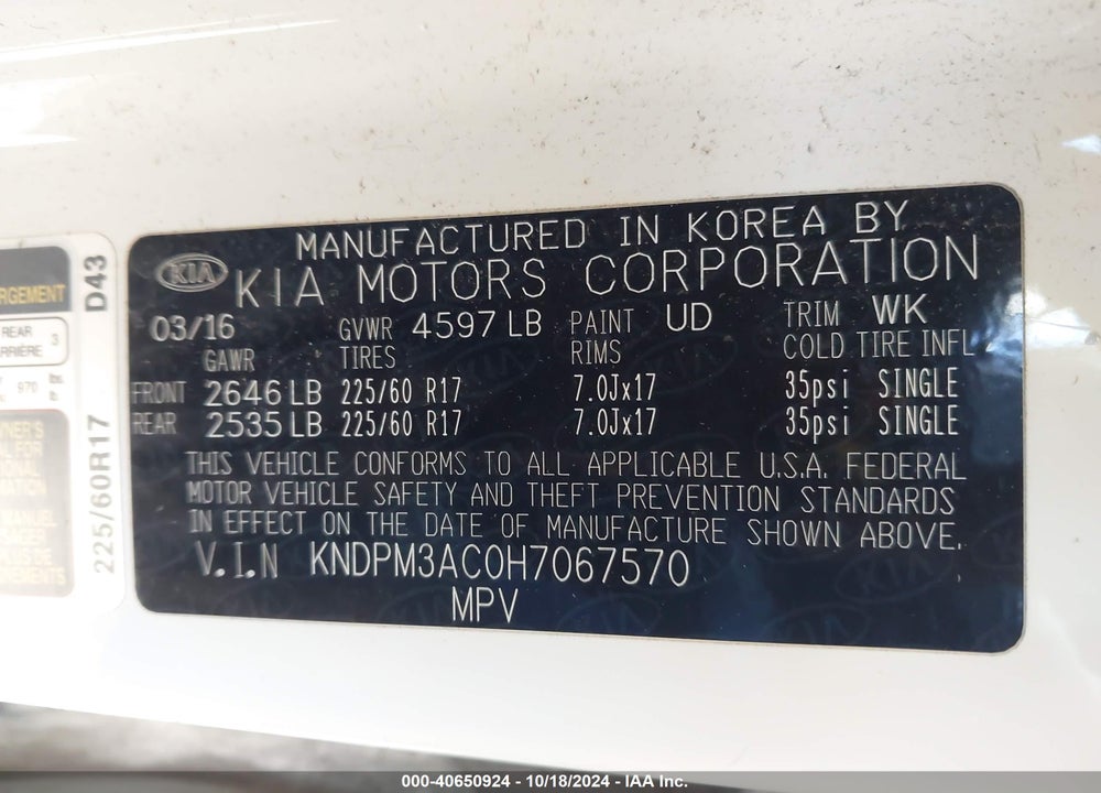 2017 KIA SPORTAGE LX VIN: KNDPM3AC0H7067570