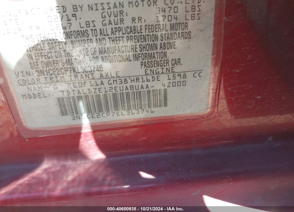 2019 NISSAN VERSA NOTE SV VIN: 3N1CE2CP7KL363746