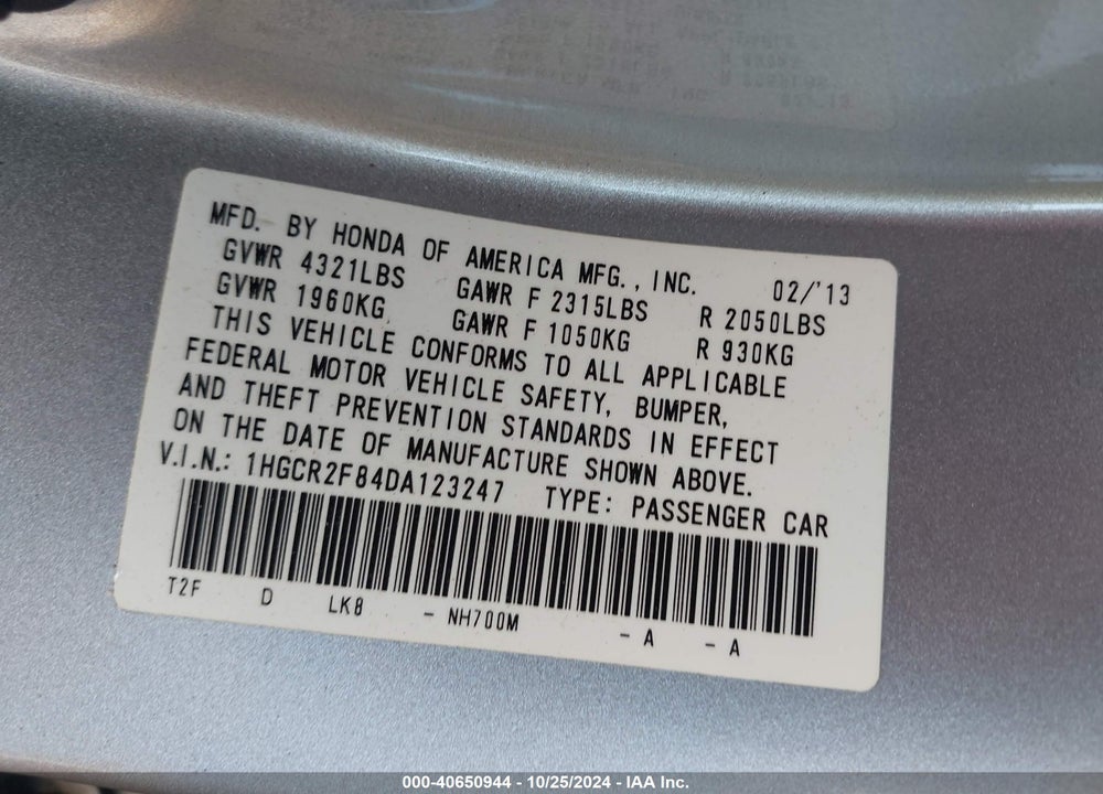 2013 HONDA ACCORD EX-L VIN: 1HGCR2F84DA123247