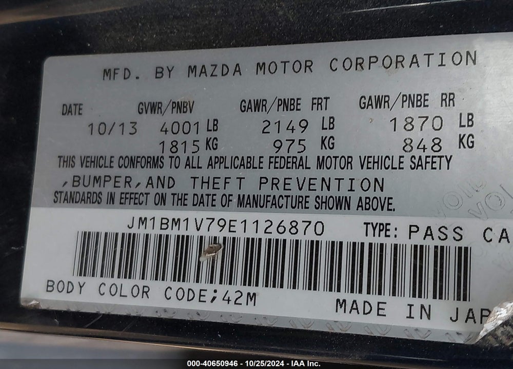 2014 MAZDA 3 I TOURING VIN: JM1BM1V79E1126870