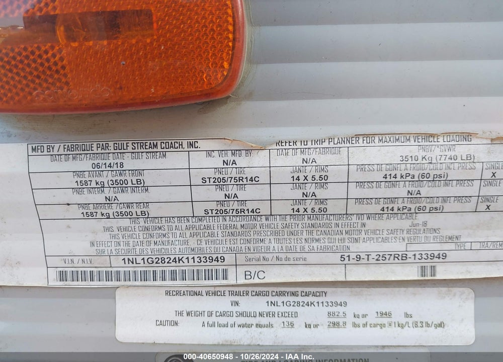 2019 AEROLITE GULF STREAM VIN: 1NL1G2824K1133949