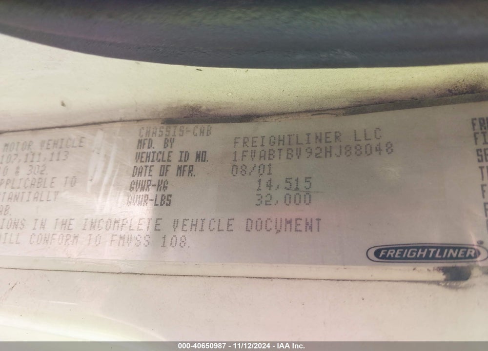 2002 FREIGHTLINER MEDIUM CONVENTIONAL FL70 VIN: 1FVABTBV92HJ88048