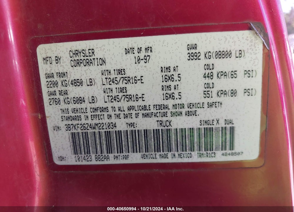 1998 DODGE RAM 2500 ST VIN: 3B7KF26Z4WM221034