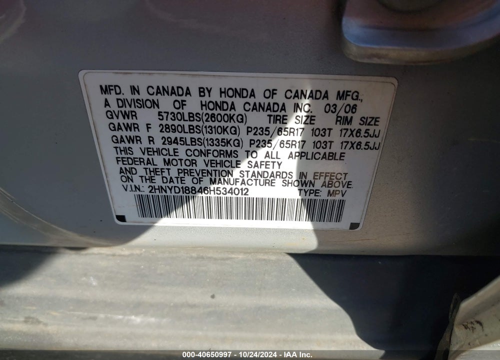 2006 ACURA MDX VIN: 2HNYD18846H534012