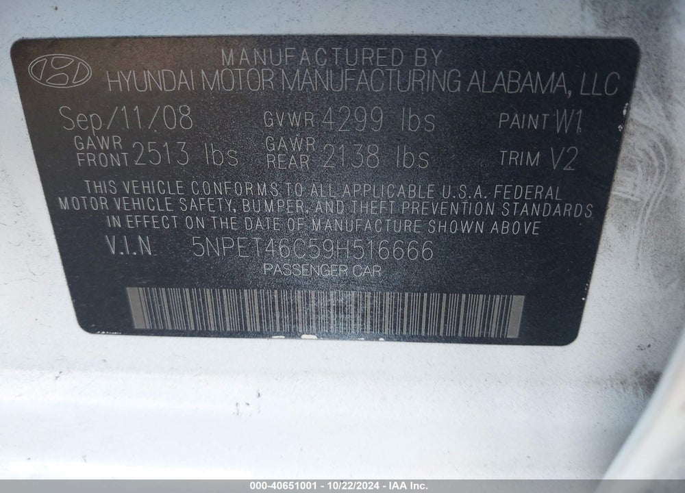 2009 HYUNDAI SONATA GLS VIN: 5NPET46C59H516666
