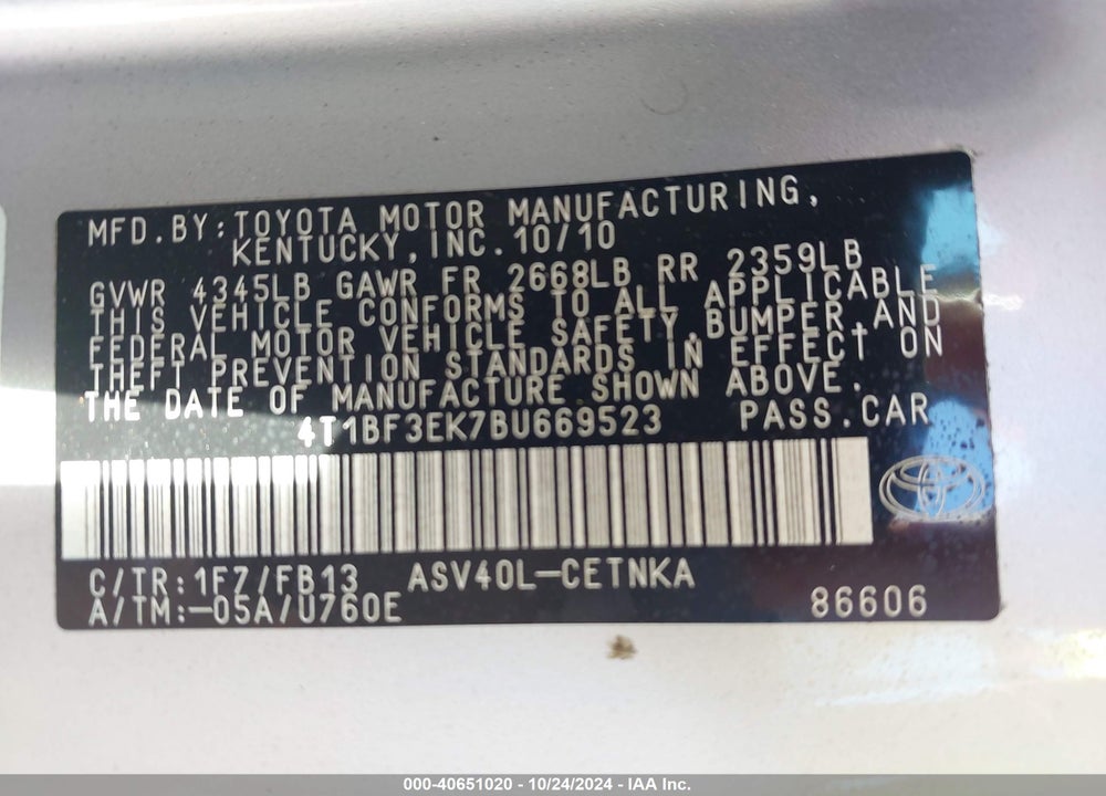 2011 TOYOTA CAMRY VIN: 4T1BF3EK7BU669523