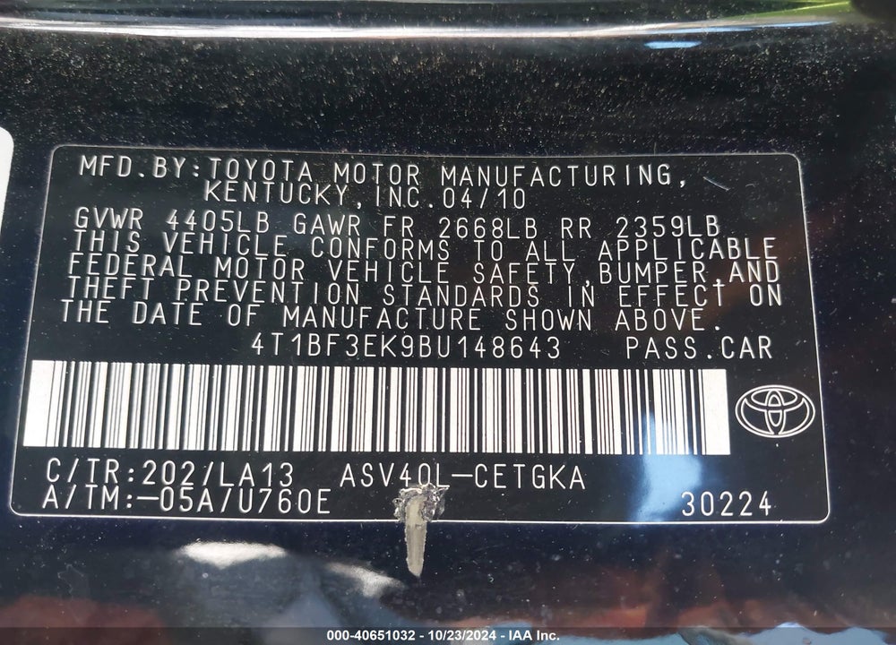 2011 TOYOTA CAMRY VIN: 4T1BF3EK9BU148643