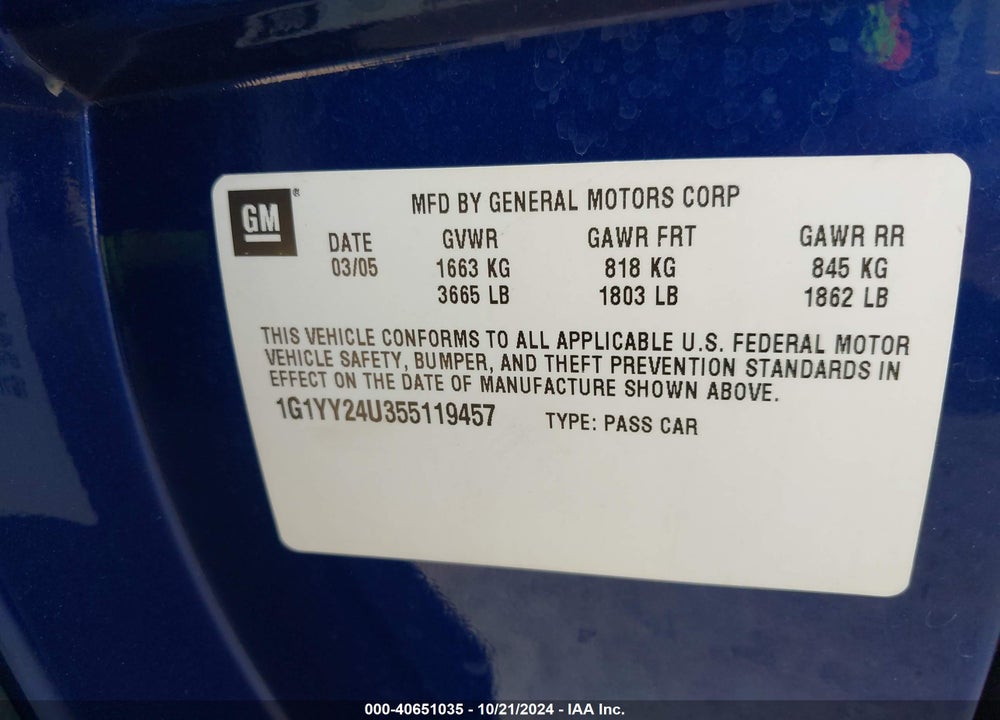 2005 CHEVROLET CORVETTE VIN: 1G1YY24U355119457