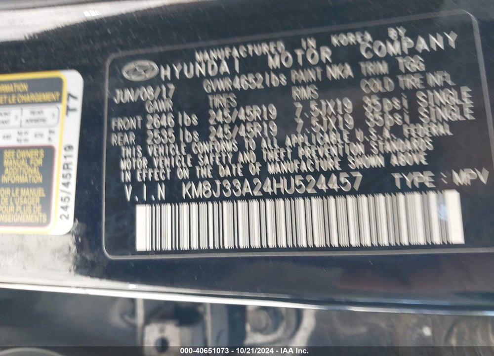 2017 HYUNDAI TUCSON SPORT VIN: KM8J33A24HU524457