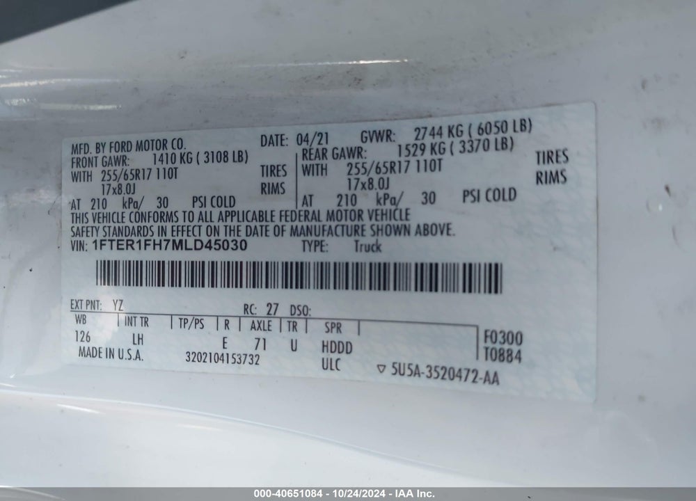 2021 FORD RANGER XL VIN: 1FTER1FH7MLD45030