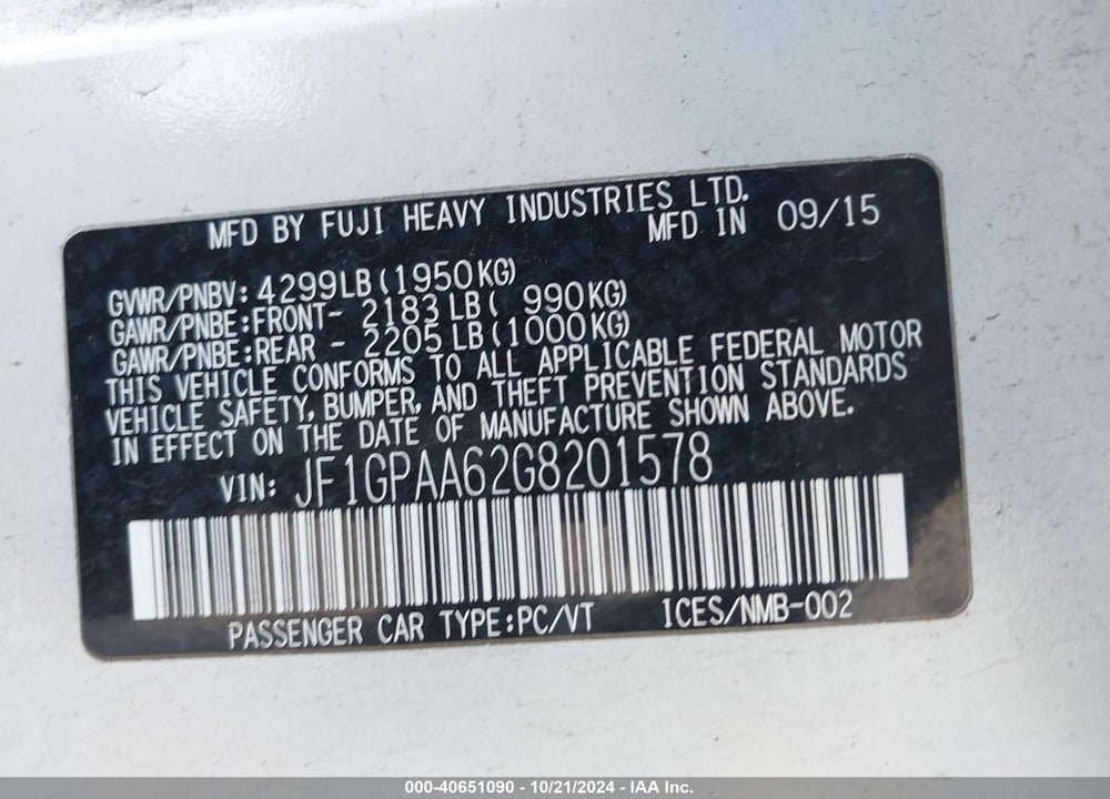 2016 SUBARU IMPREZA 2.0I VIN: JF1GPAA62G8201578