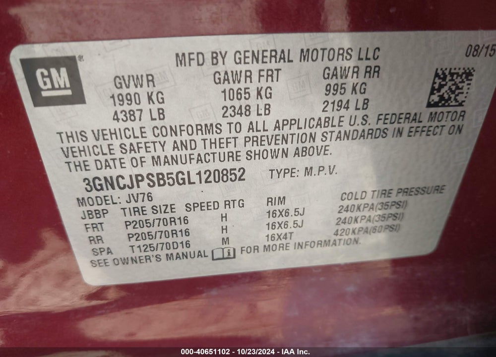 2016 CHEVROLET TRAX VIN: 3GNCJPSB5GL120852