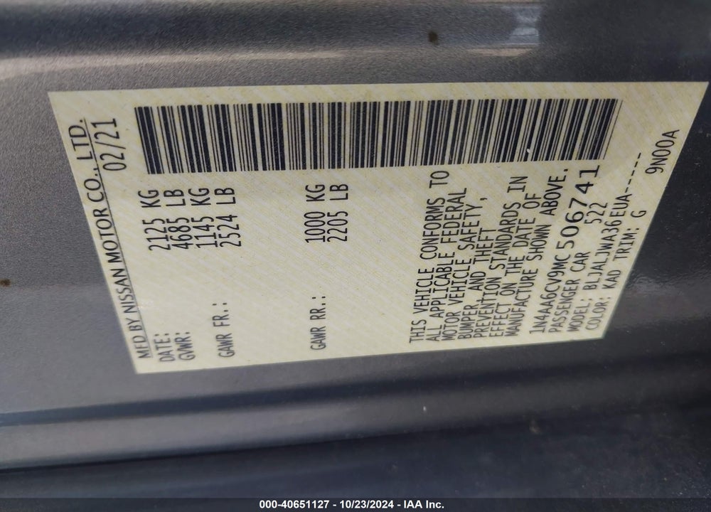 2021 NISSAN MAXIMA SV XTRONIC CVT VIN: 1N4AA6CV9MC506741