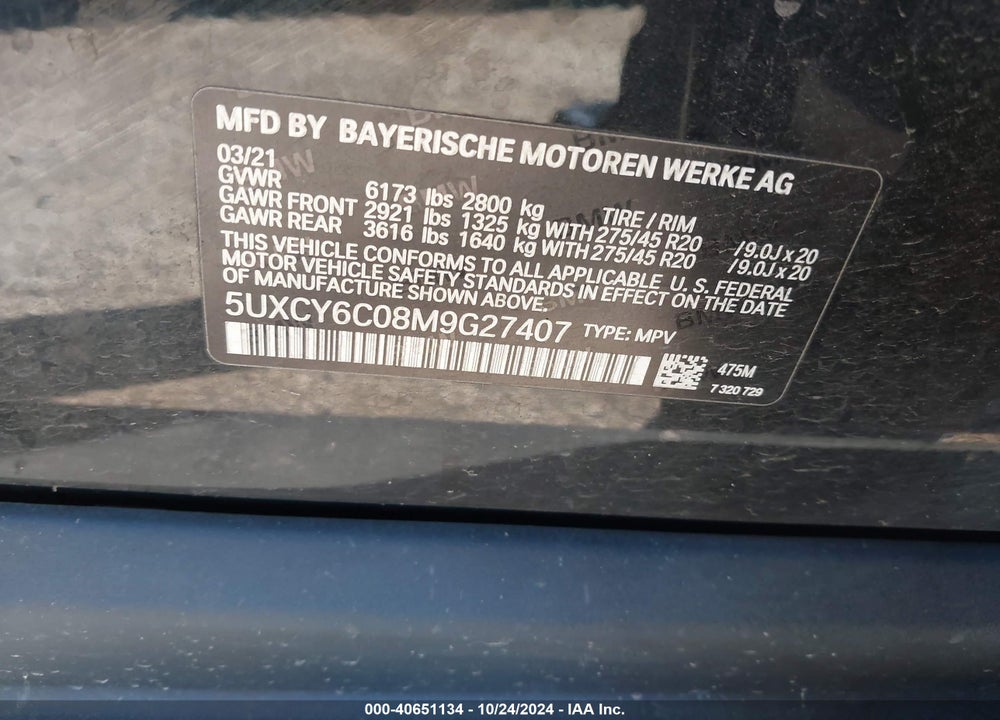 2021 BMW X6 XDRIVE40I VIN: 5UXCY6C08M9G27407