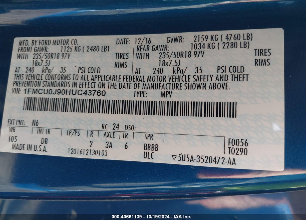 2017 FORD ESCAPE TITANIUM VIN: 1FMCU0J90HUC43760