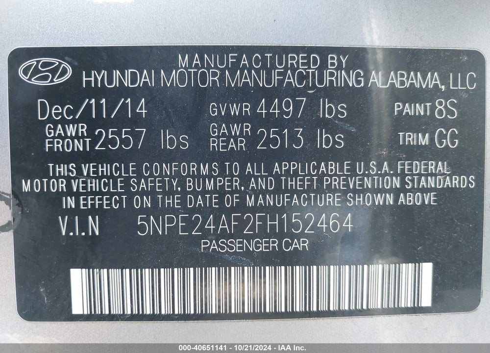 2015 HYUNDAI SONATA SE VIN: 5NPE24AF2FH152464