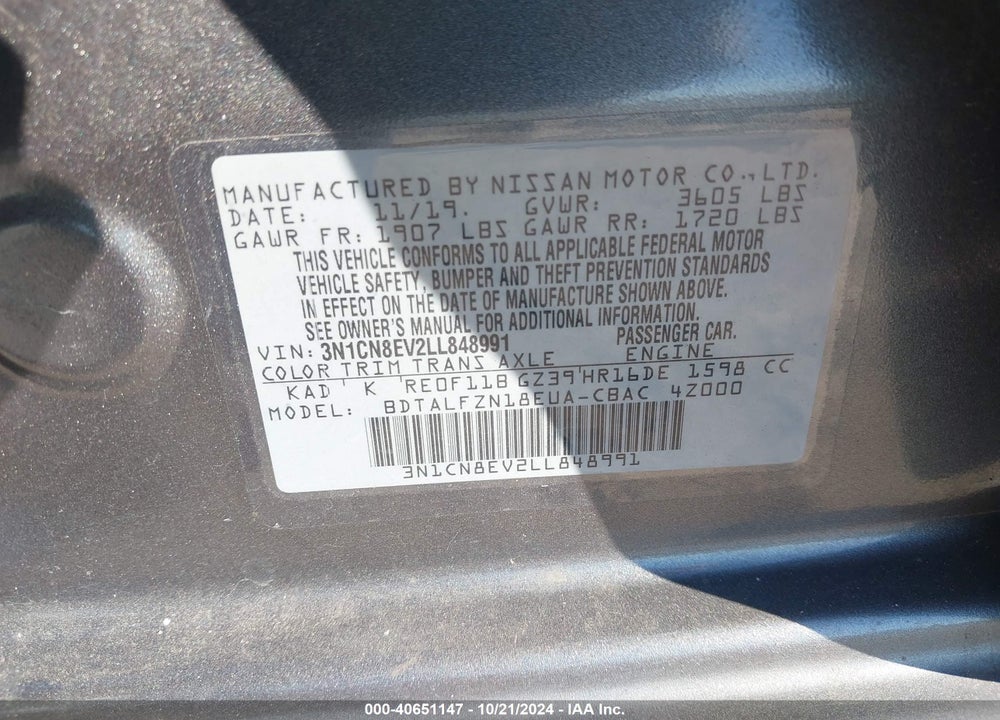 2020 NISSAN VERSA SV XTRONIC CVT VIN: 3N1CN8EV2LL848991
