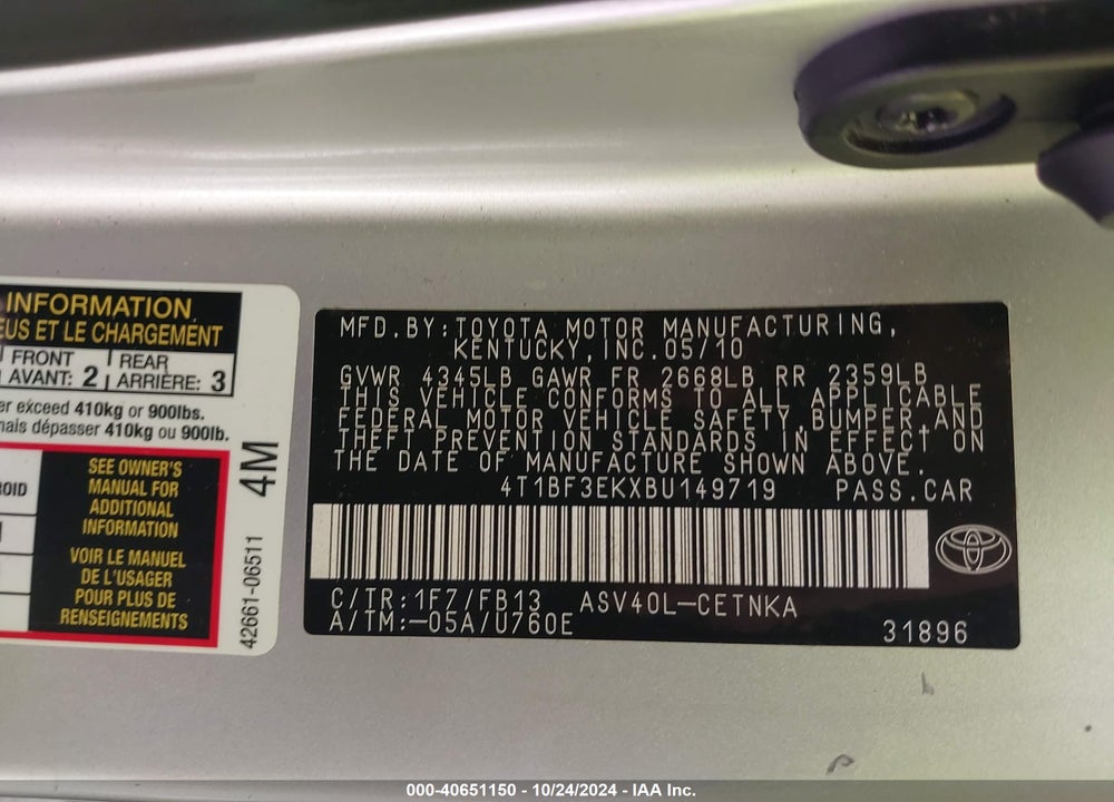 2011 TOYOTA CAMRY VIN: 4T1BF3EKXBU149719