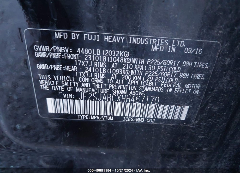 2017 SUBARU FORESTER 2.5I VIN: JF2SJABCXHH467170