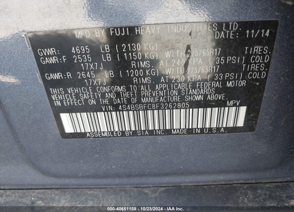 2015 SUBARU OUTBACK 2.5I PREMIUM VIN: 4S4BSBFC8F3262805