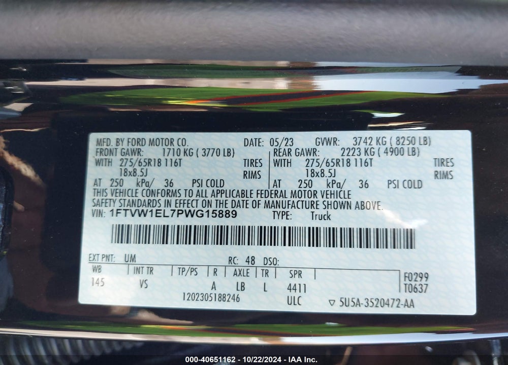 2023 FORD F-150 LIGHTNING PRO VIN: 1FTVW1EL7PWG15889