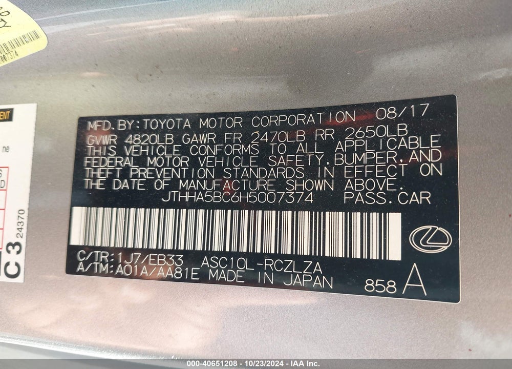 2017 LEXUS RC 200T VIN: JTHHA5BC6H5007374