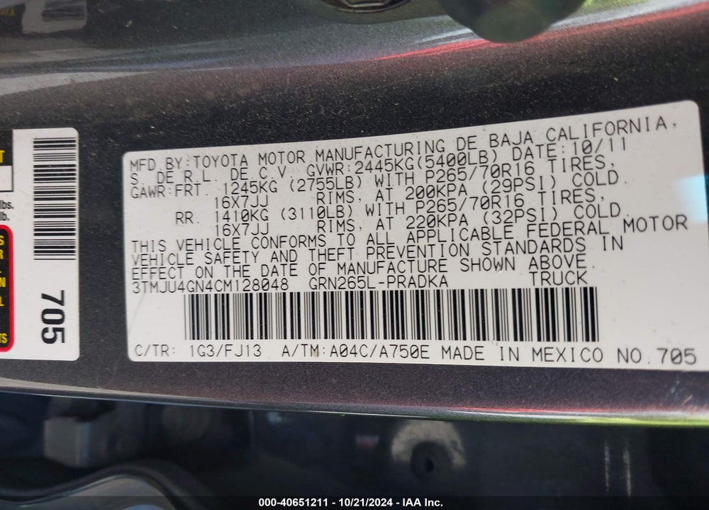 2012 TOYOTA TACOMA DOUBLE CAB PRERUNNER VIN: 3TMJU4GN4CM128048