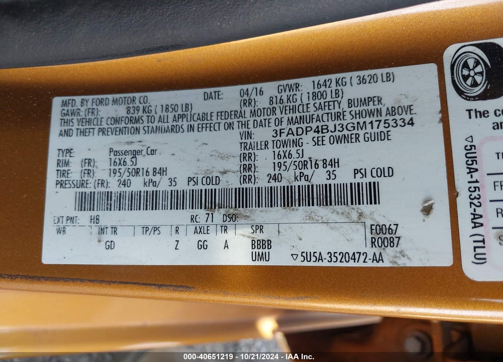 2016 FORD FIESTA SE VIN: 3FADP4BJ3GM175334
