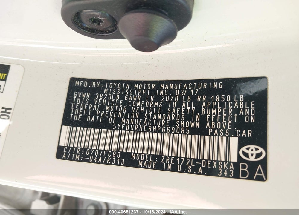 2017 TOYOTA COROLLA L/LE/XLE/SE/XSE VIN: 5YFBURHE8HP669085