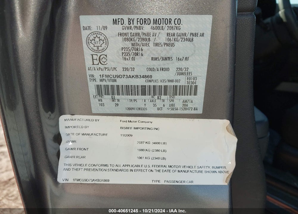 2010 FORD ESCAPE XLT VIN: 1FMCU9D73AKB34869