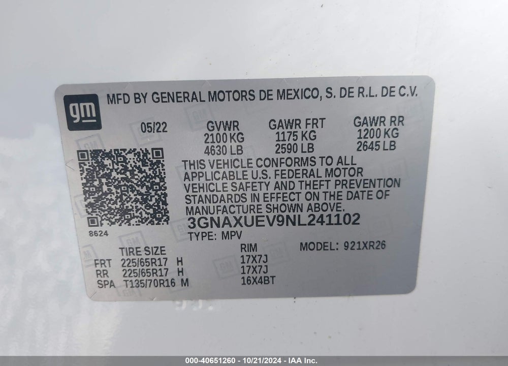 2022 CHEVROLET EQUINOX AWD LT VIN: 3GNAXUEV9NL241102