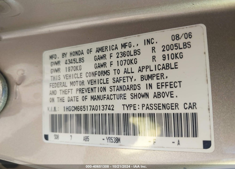 2007 HONDA ACCORD 3.0 EX VIN: 1HGCM66517A013742