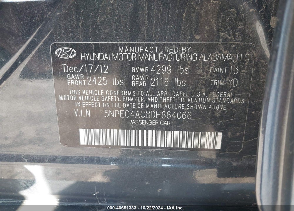 2013 HYUNDAI SONATA VIN: 5NPEC4AC8DH664066