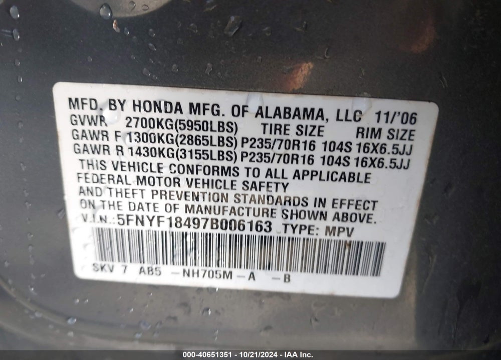 2007 HONDA PILOT EX VIN: 5FNYF18497B006163