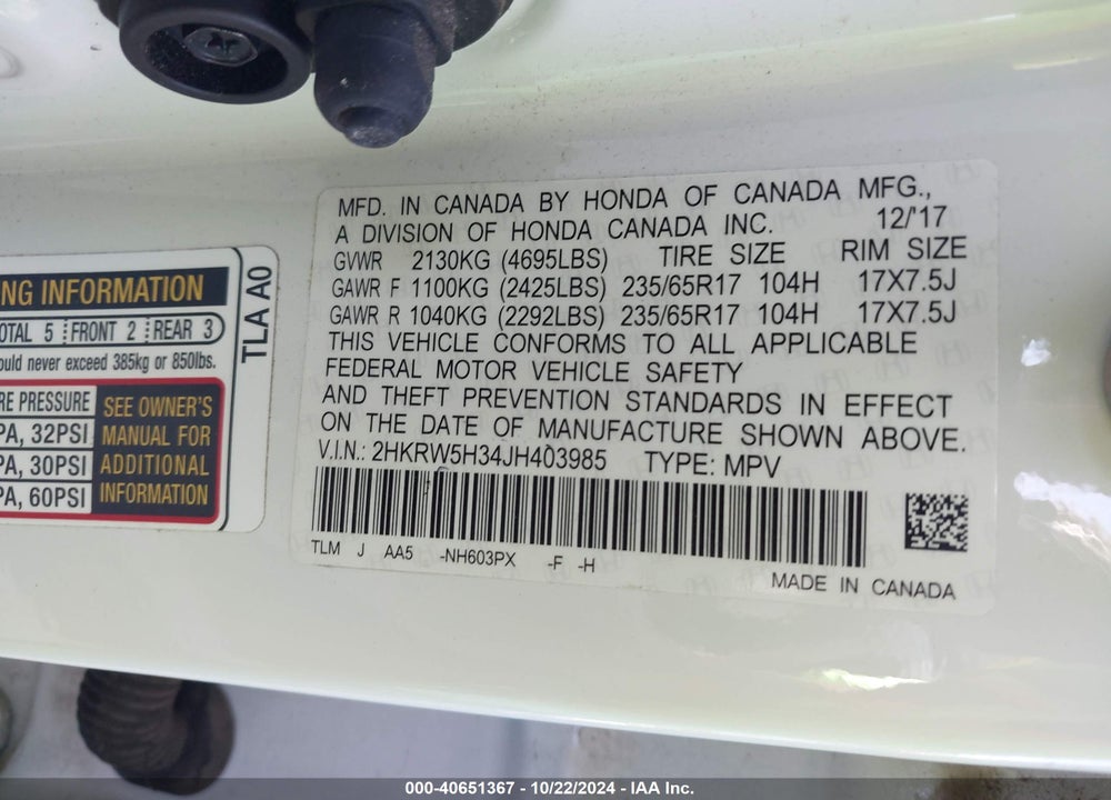 2018 HONDA CR-V LX VIN: 2HKRW5H34JH403985