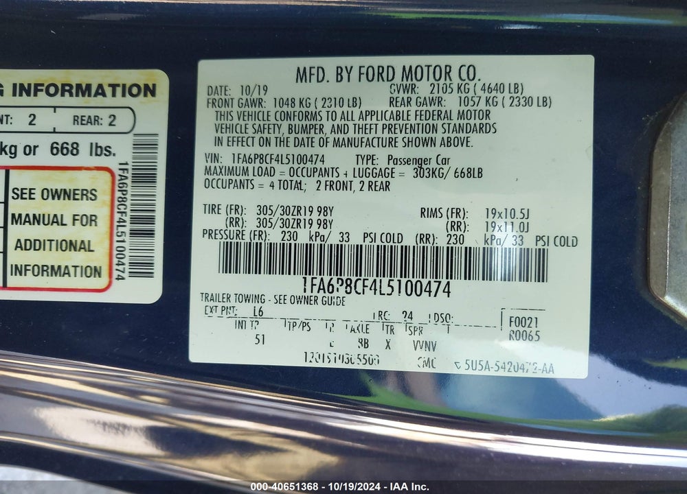 2020 FORD MUSTANG GT PREMIUM VIN: 1FA6P8CF4L5100474
