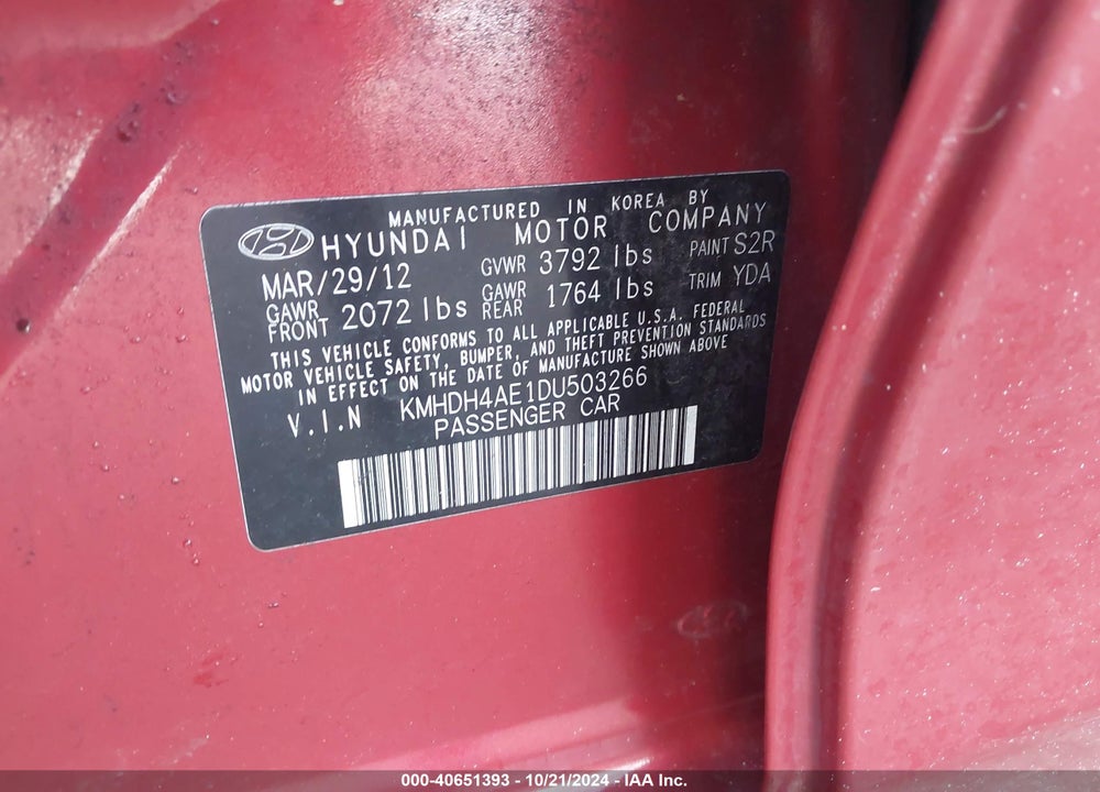 2013 HYUNDAI ELANTRA VIN: KMHDH4AE1DU503266