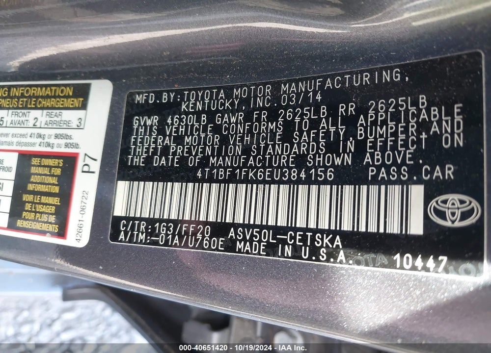 2014 TOYOTA CAMRY SE VIN: 4T1BF1FK6EU384156