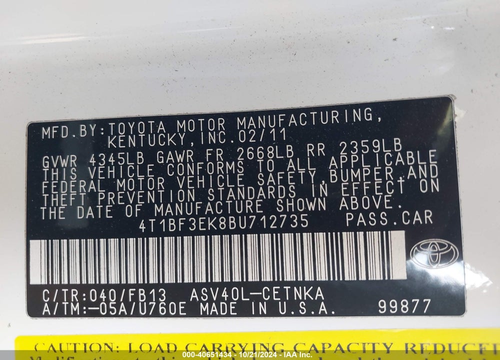 2011 TOYOTA CAMRY LE VIN: 4T1BF3EK8BU712735