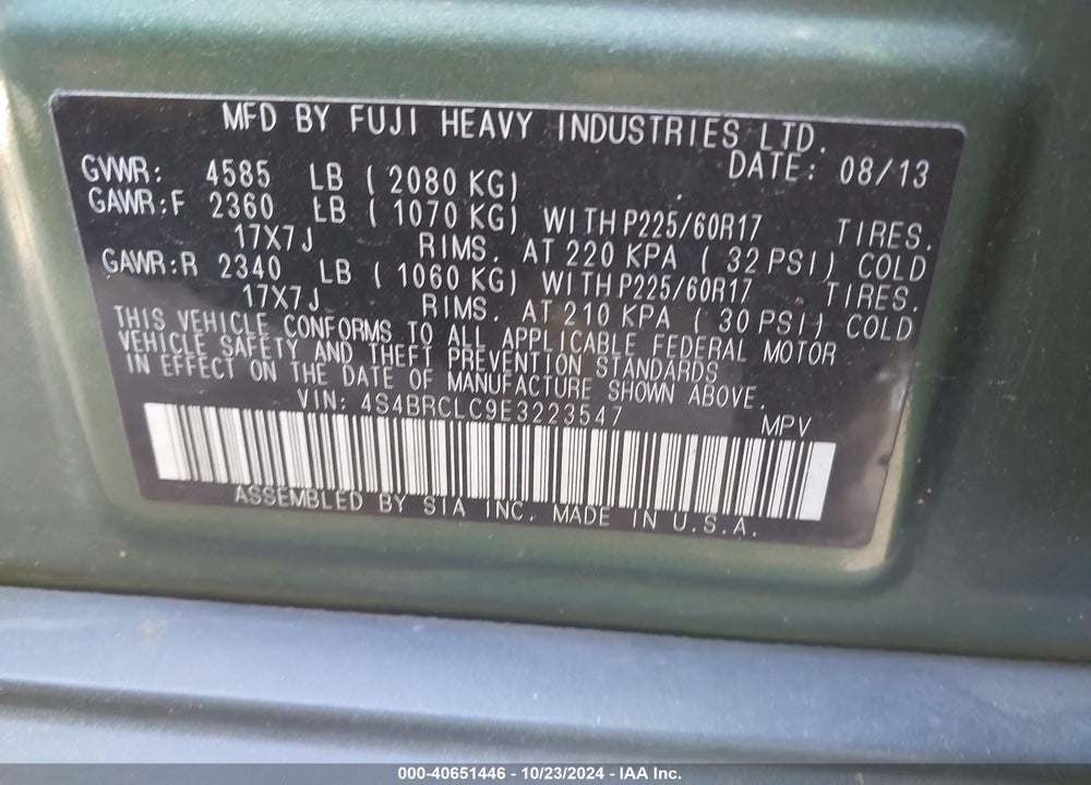 2014 SUBARU OUTBACK 2.5I LIMITED VIN: 4S4BRCLC9E3223547
