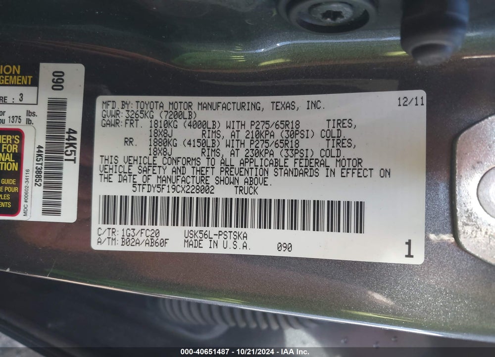 2012 TOYOTA TUNDRA CREWMAX SR5 VIN: 5TFDY5F19CX228002