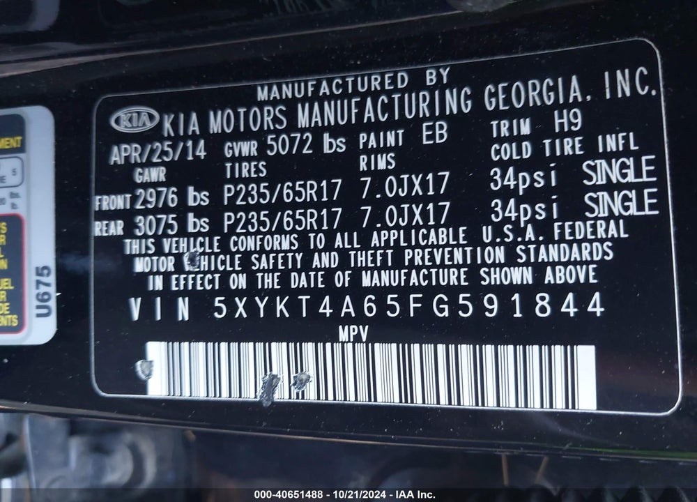 2015 KIA SORENTO LX VIN: 5XYKT4A65FG591844