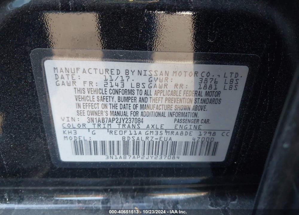 2018 NISSAN SENTRA SR VIN: 3N1AB7AP2JY237084