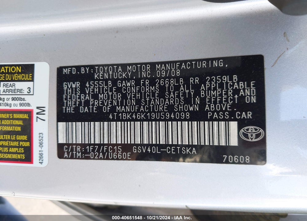 2009 TOYOTA CAMRY SE V6 VIN: 4T1BK46K19U594098