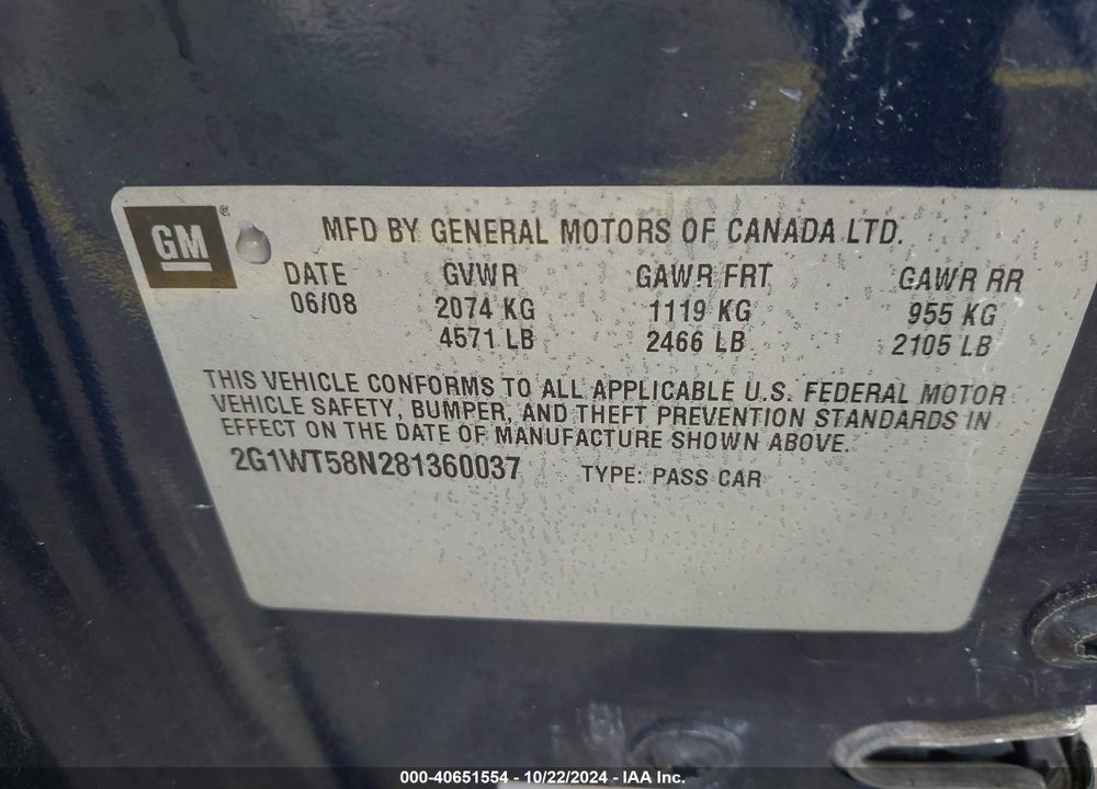 2008 CHEVROLET IMPALA LT VIN: 2G1WT58N281360037